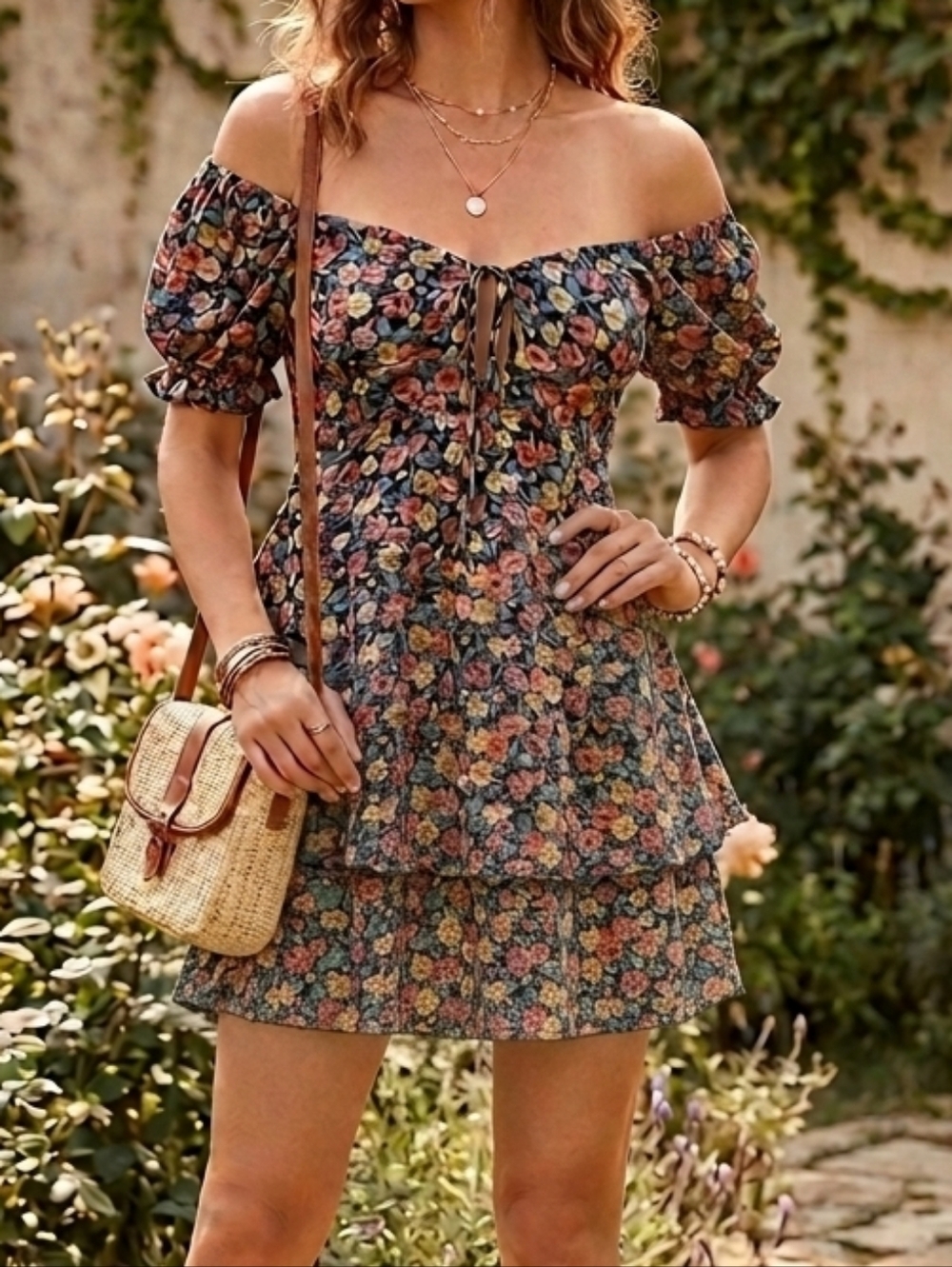 BuddyLove Tammy Floral Smocked Tiered Mini Dress Black Multi CG4750 Large